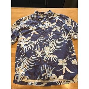 Vintage Tommy Bahama Shirt Mens L Blue Hawaiian Floral Print Camp Collar Silk